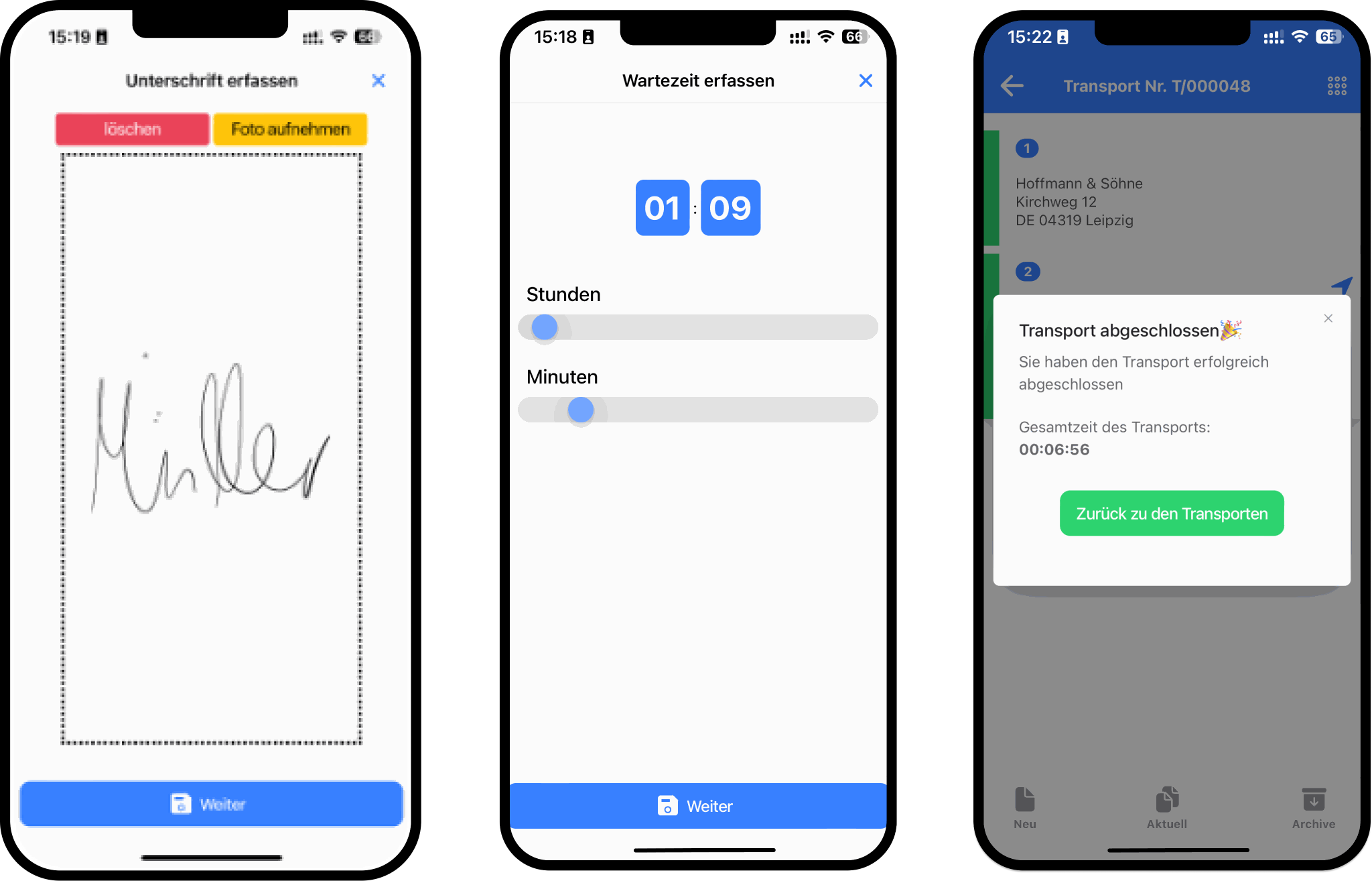Screenshots aus der Fahrer-App: Zustelloptionen 